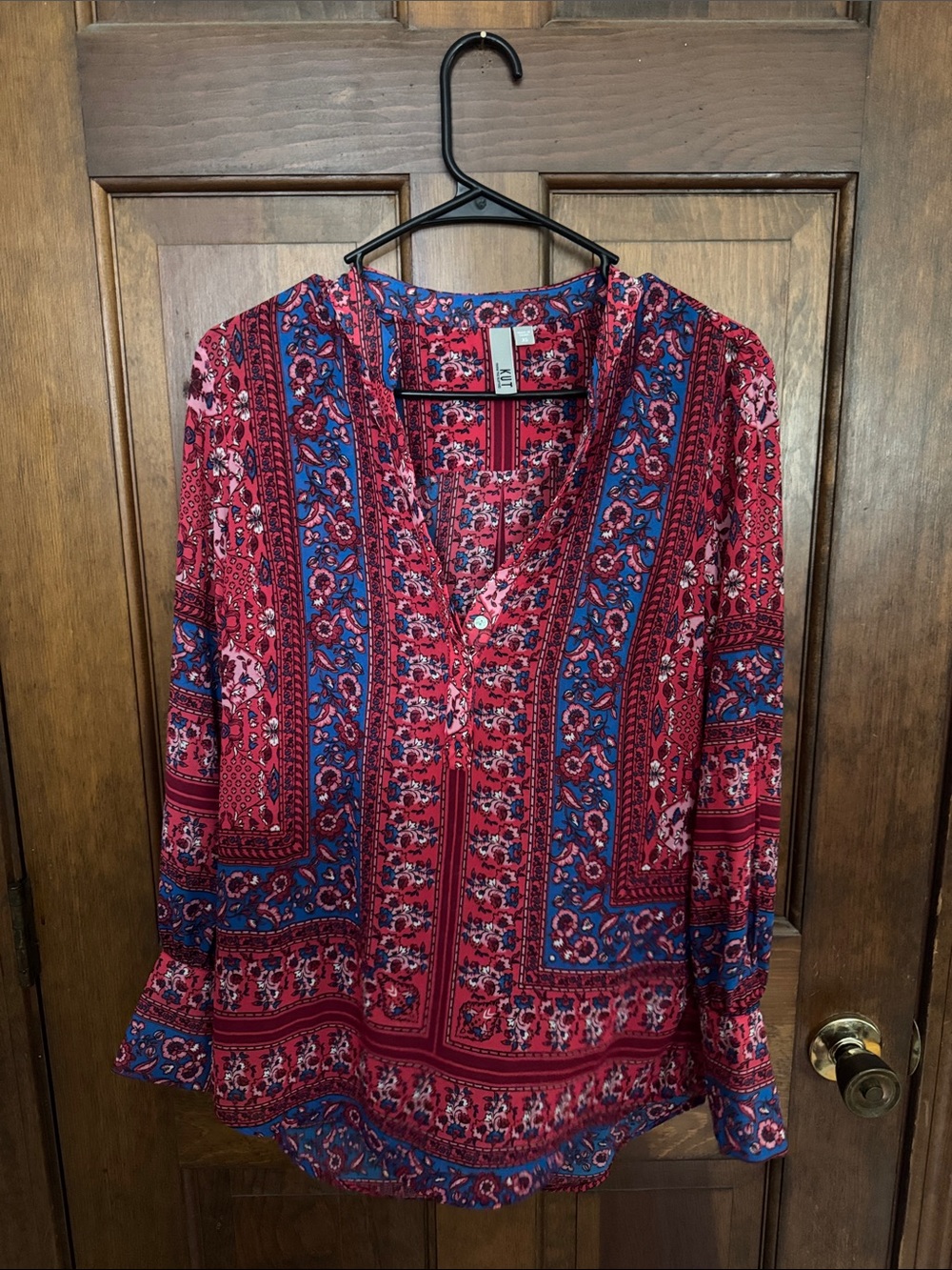 Kut from the Kloth Red Blouse with Blue Floral Trim